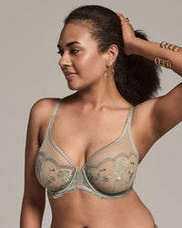 Model wears Romilly Underwire Bra in ICEBERG GREEN. On body side view