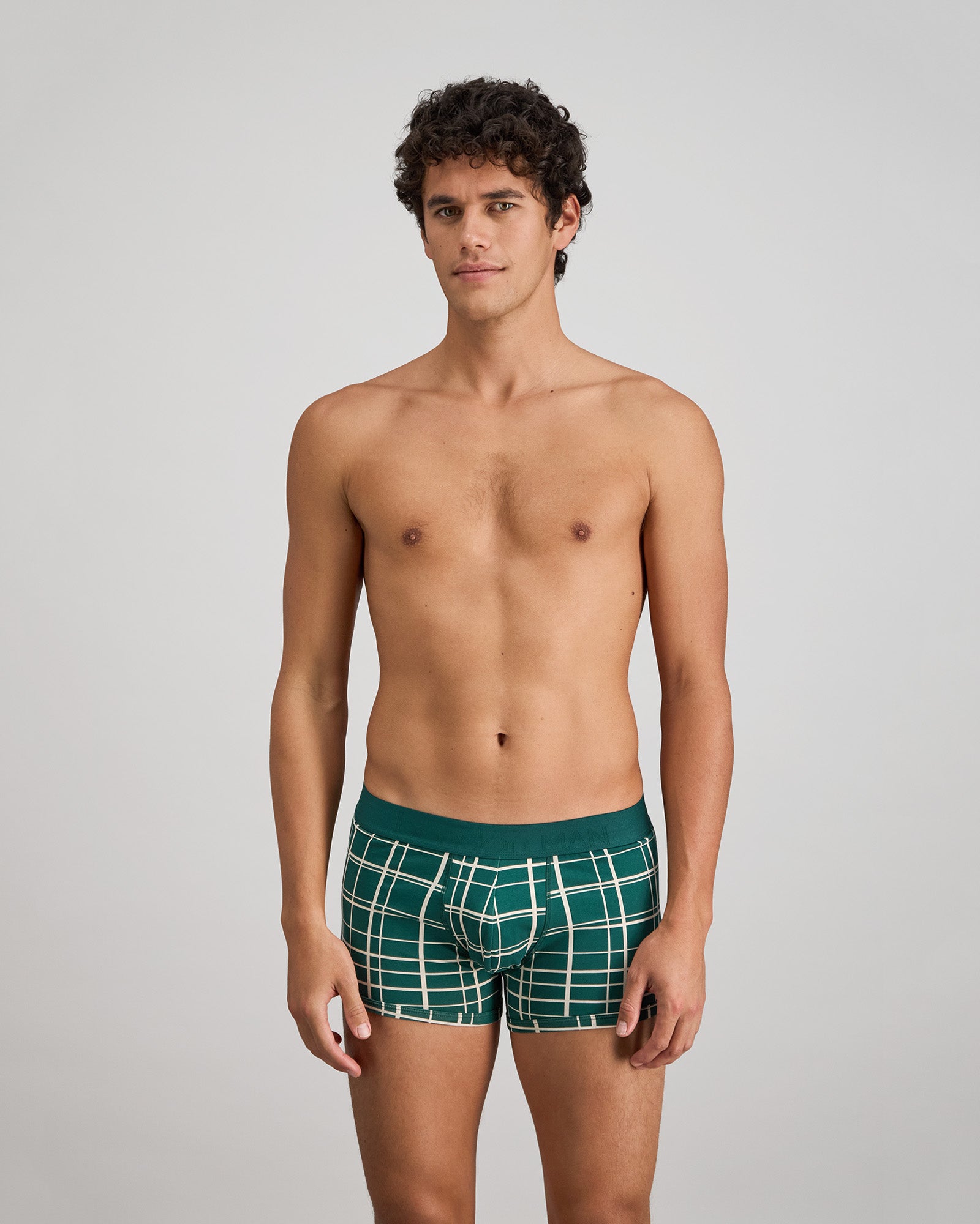 Retros Print Mens Trunk in RAIN FOREST GRID PRINT. Feature shot