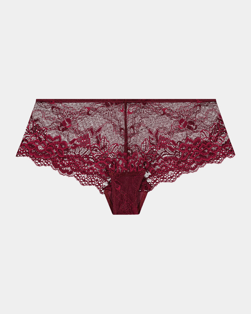 My Fit Lace Brazilian in WINDSOR WINE. Flat lay front view