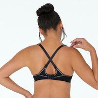 Model wears Active Contour Bra in BLACK. On body back view