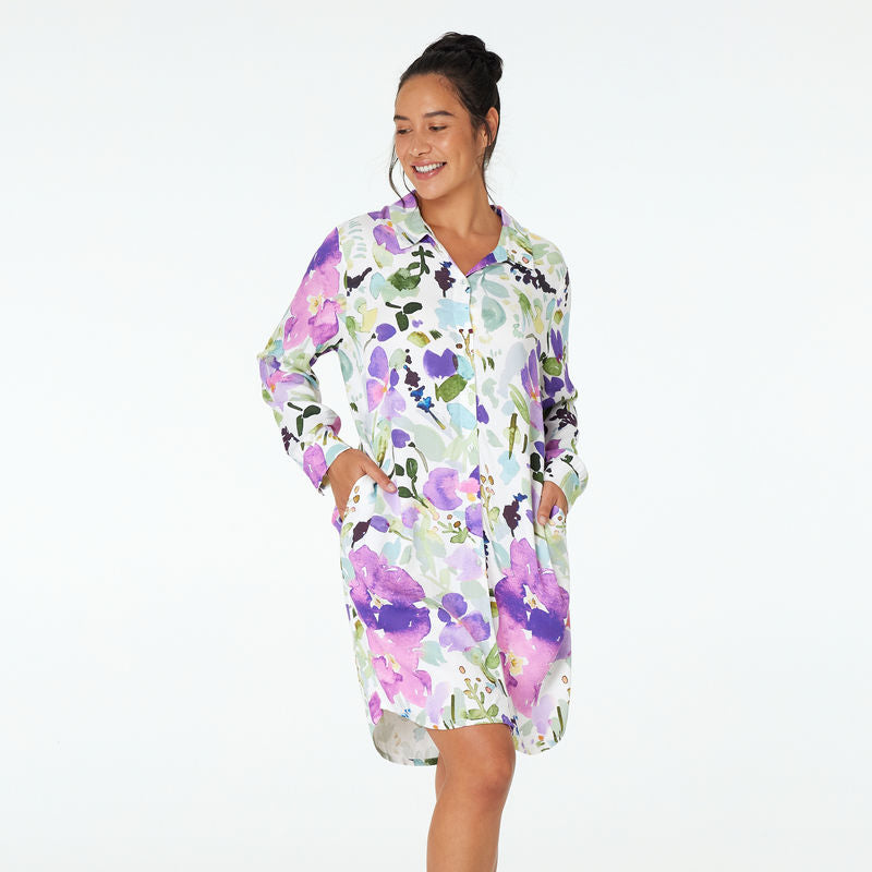 Model wears Aries Nightshirt in MONET FLORAL PRINT. On body front view