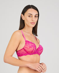 Model wears My Fit Lace Push Up Bra in FANTASY FUCHSIA. On body side view