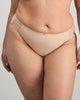 Model wears Coral High Cut Brief in LATTE. On body front view