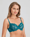 Model wears My Fit Lace Underwire Bra in EVERGLADE. On body side view