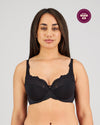 Model wears Laurel Underwire Bra in BLACK. On body front view