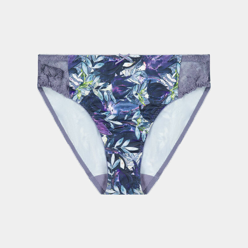 Violet Floral High Cut Brief in DARK PROTEA PRINT. Flat lay front view