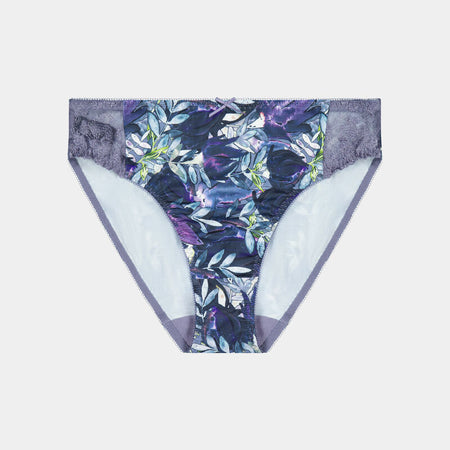 Violet Floral High Cut Brief in DARK PROTEA PRINT. Flat lay front view