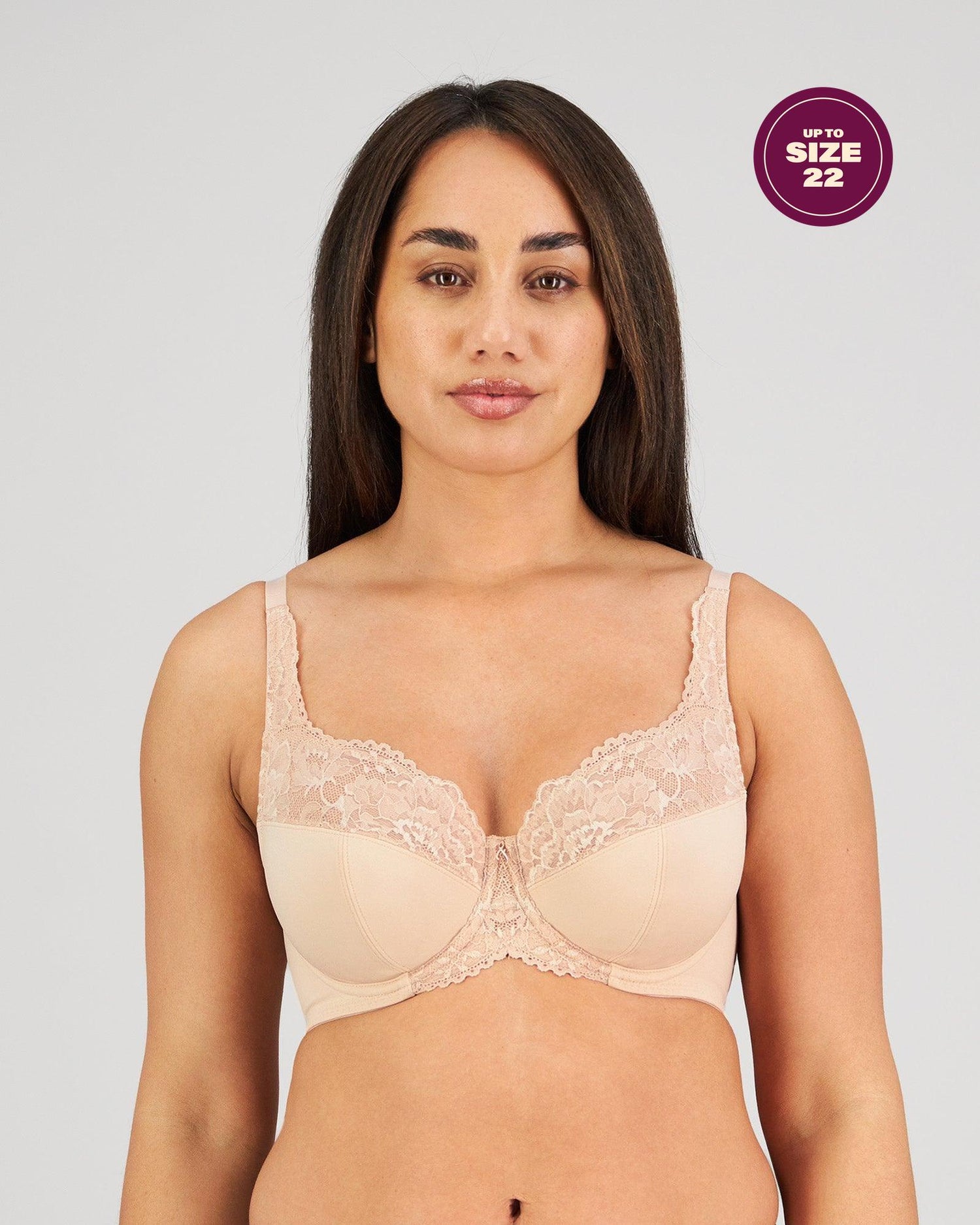 Model wears Laurel Underwire Bra in LATTE. On body front view