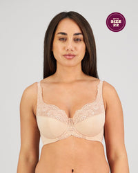 Model wears Laurel Underwire Bra in LATTE. On body front view