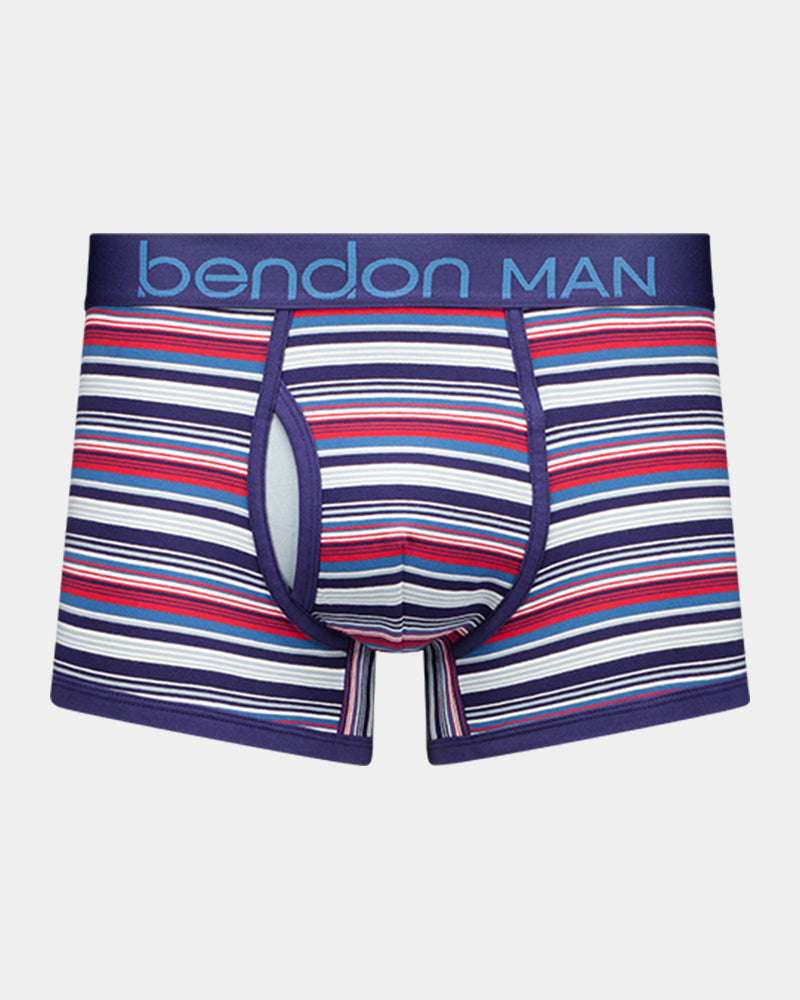 Bold Stripe Mens Trunk in PEACOAT/SALSA STRIPE. Flat lay front view
