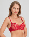 Model wears Lace Me Up Contour Bra in JESTER RED. On body side view