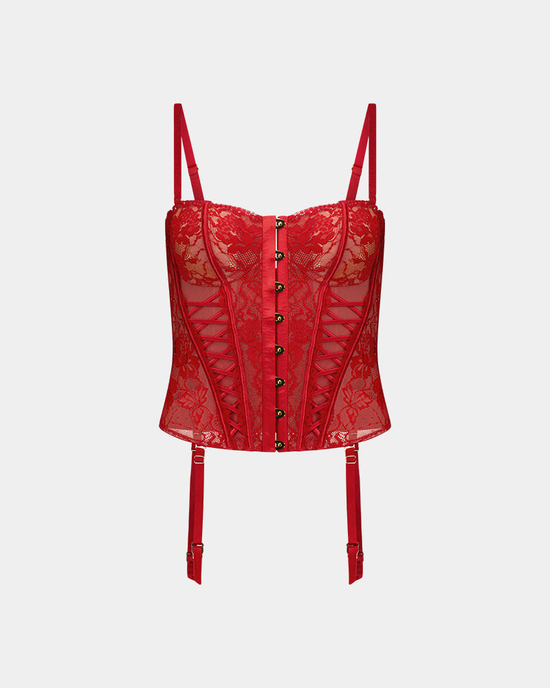 Lace Me Up Corset in JESTER RED. Flat lay front view