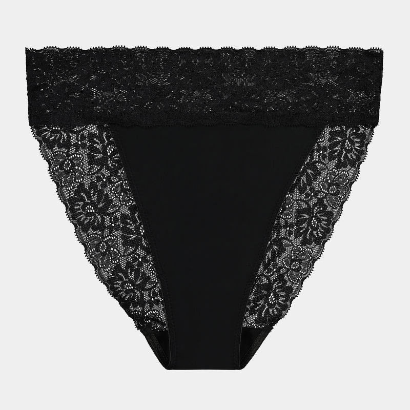 Lace Trim High Cut Brief in BLACK. Flat lay front view
