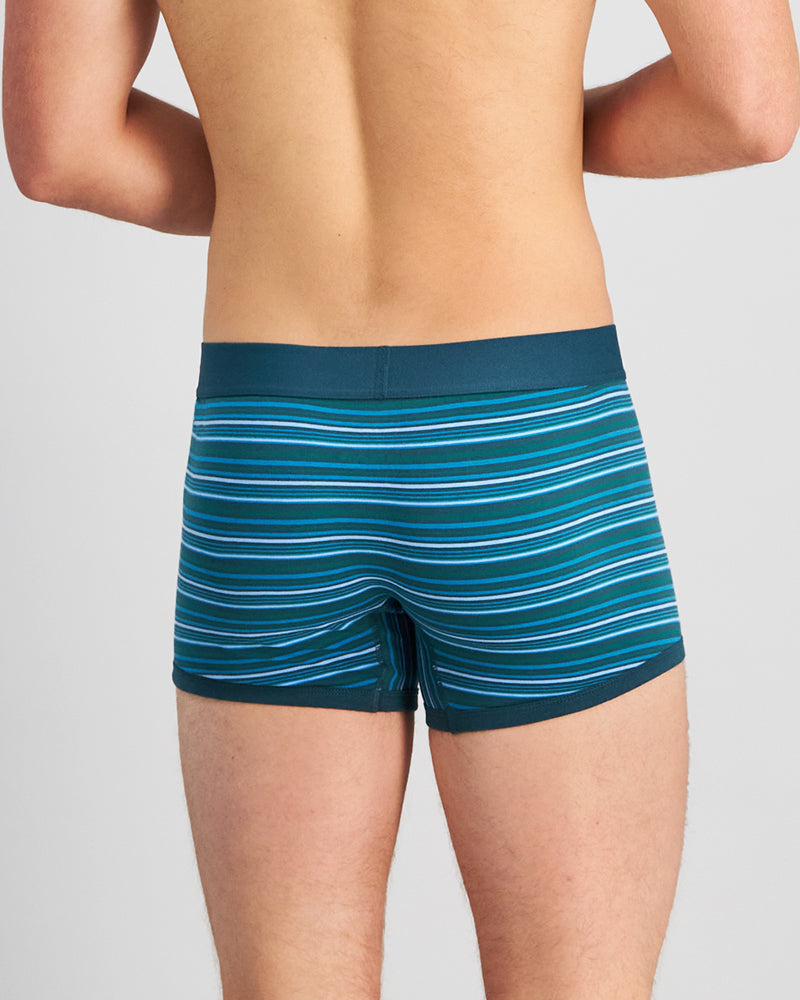 Model wears Bold Stripe Mens Trunk in DEEP TEAL/DEEP LAKE. On body back view