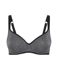 The One Contour Bra in BLACK SILVER MARLE. Flat lay front view