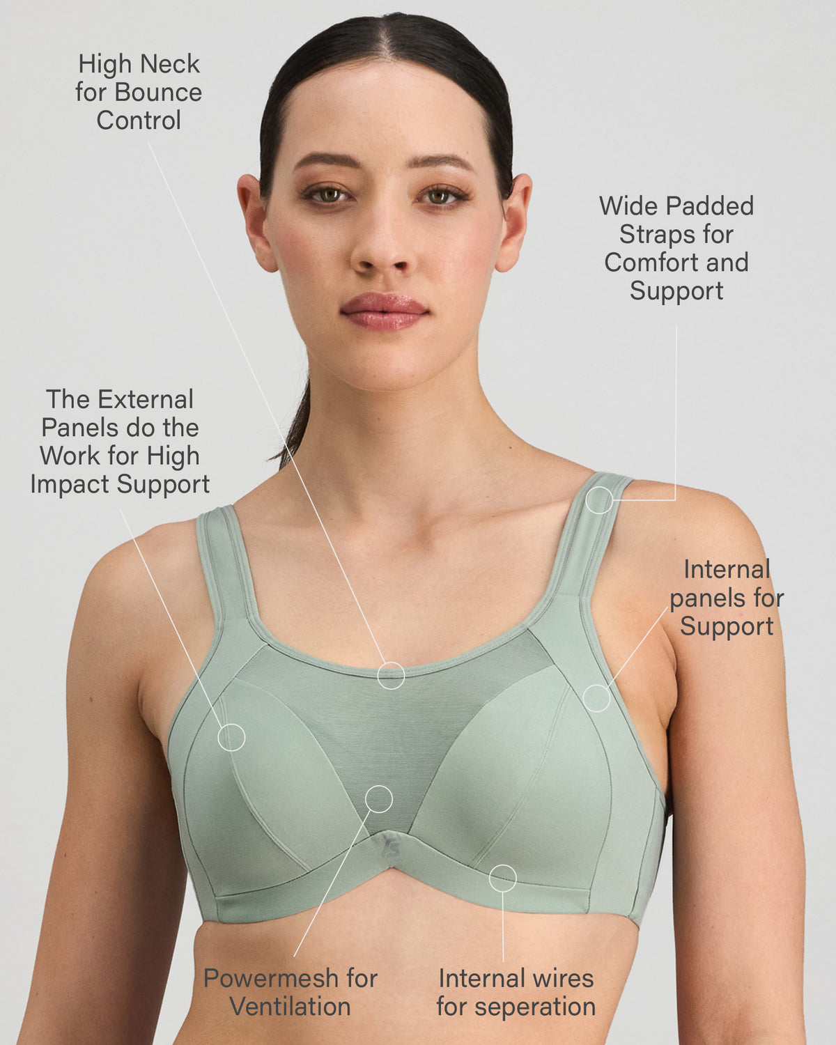 Model wears Power Underwire Bra in ICEBERG GREEN. On body front view