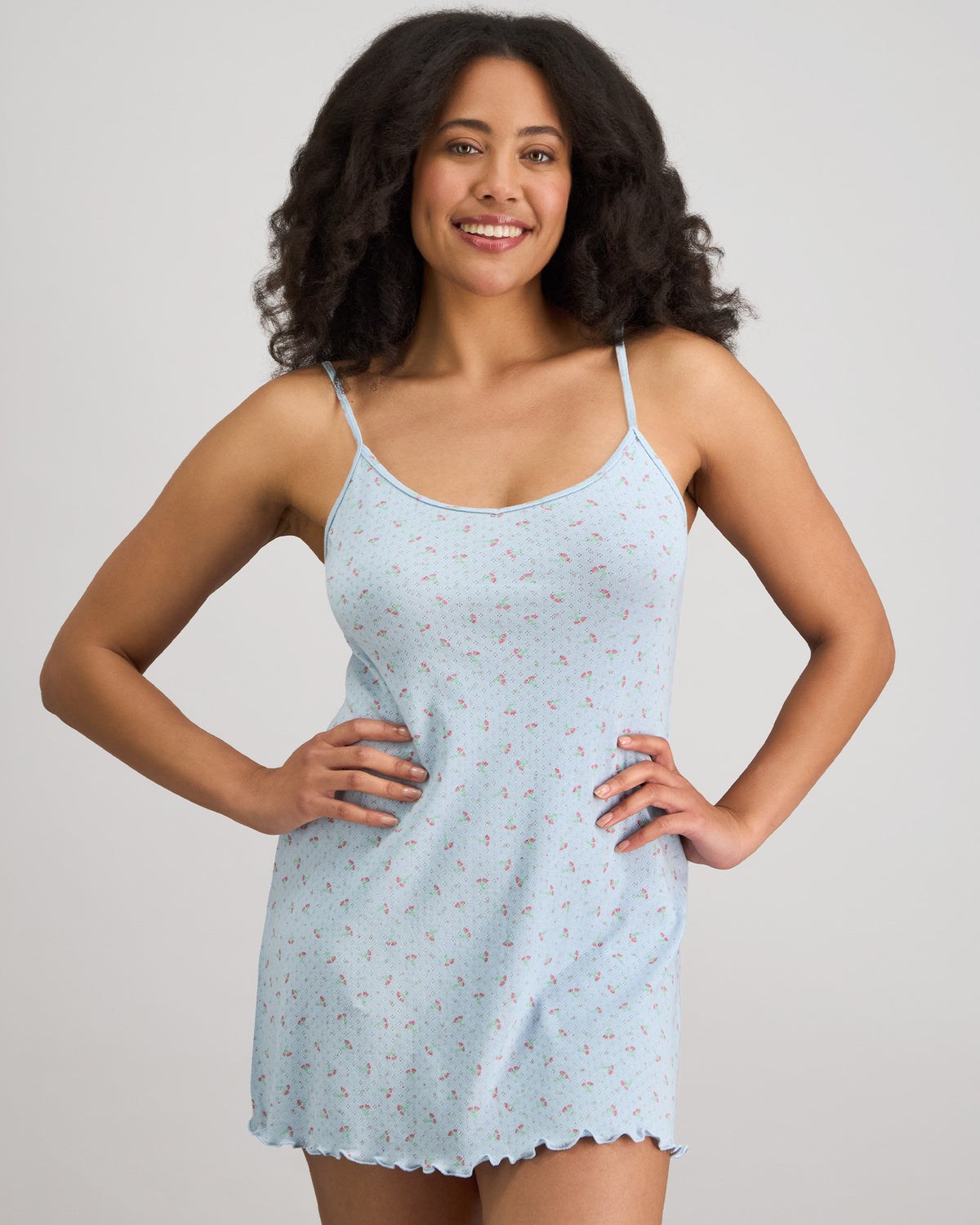Model wears Smoothie Chemise in SKYWAY. On body front view