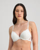 Model wears My Fit Lace Push Up Bra in WHITE. On body front view