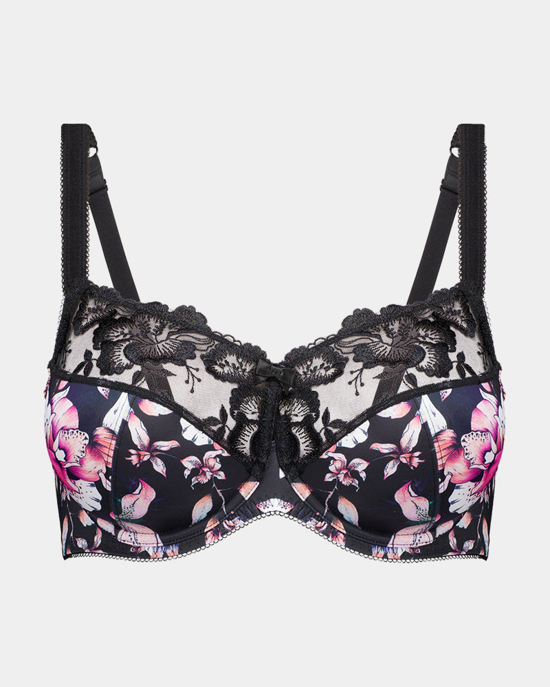 Wild Violet Underwire Bra in DARK FOLKLORE PRINT. Flat lay front view
