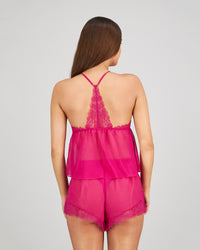 Model wears Eva Jean Camisole in FANTASY FUCHSIA. On body back view