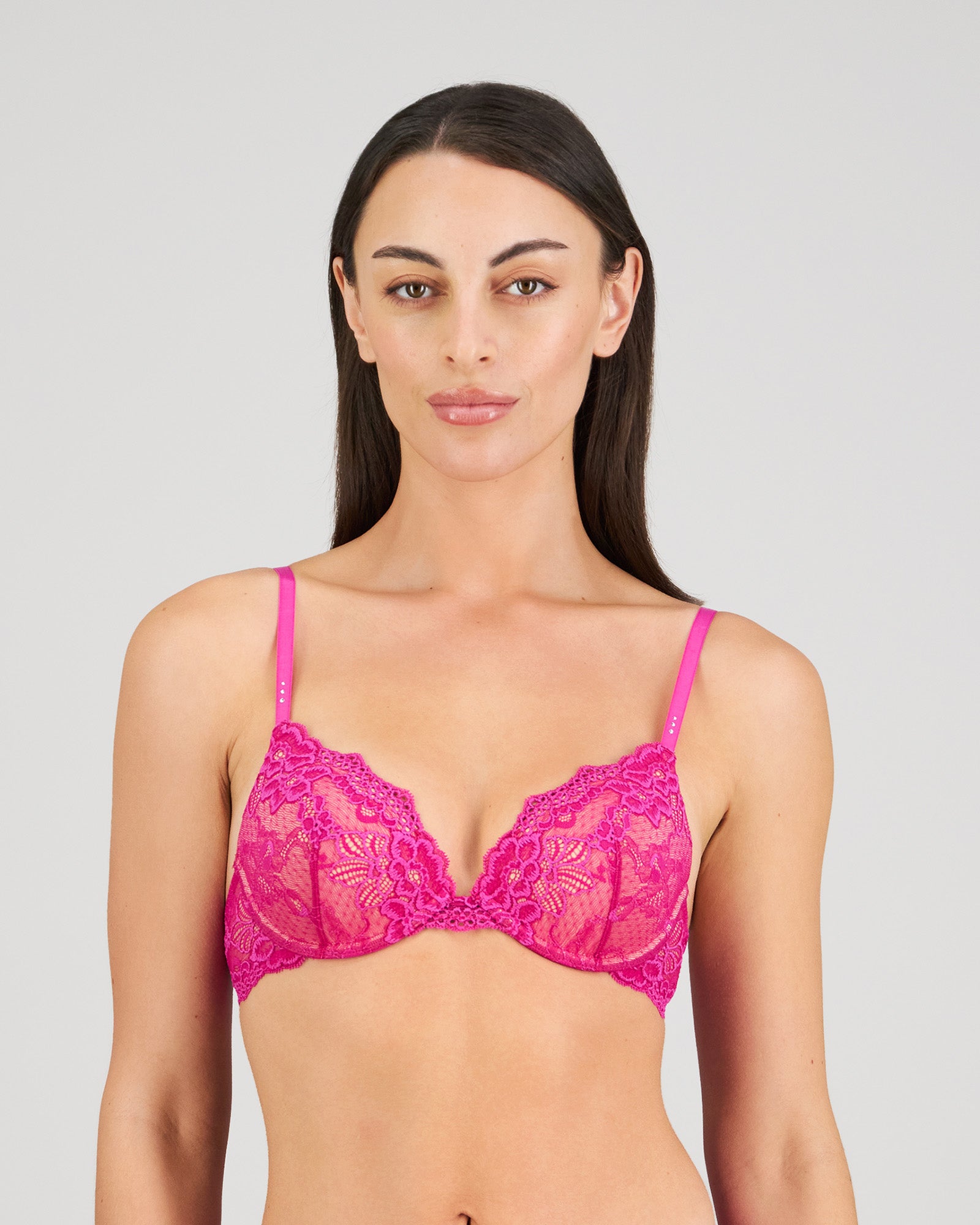 Model wears My Fit Lace Push Up Bra in FANTASY FUCHSIA. On body front view