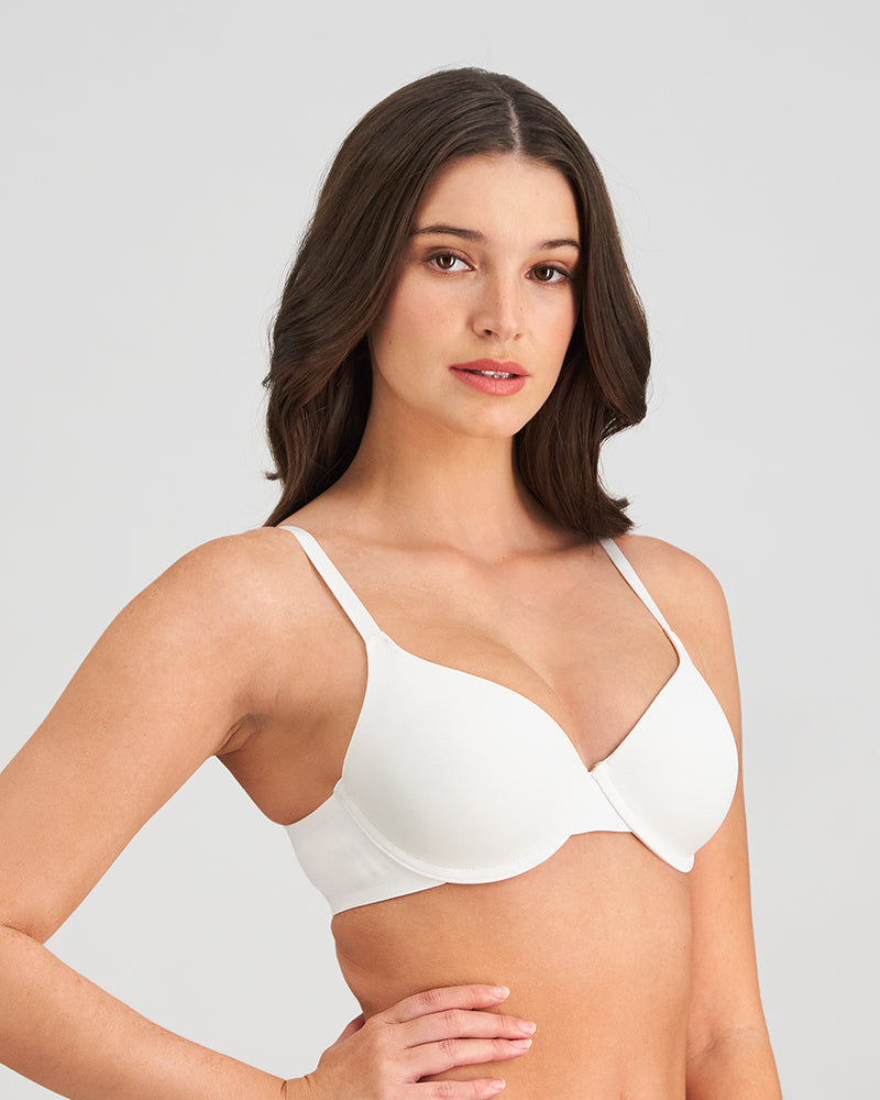 Model wears Comfit Collection Contour Bra in WHITE. On body side view