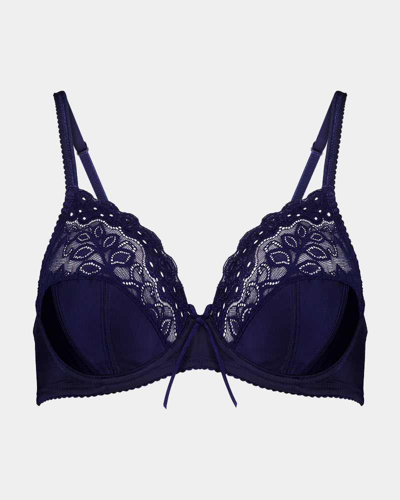 Juliette Underwire Bra in Medieval Blue. Flat lay front view