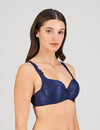 Model wears Damask Contour Bra in Medieval Blue. On body side view