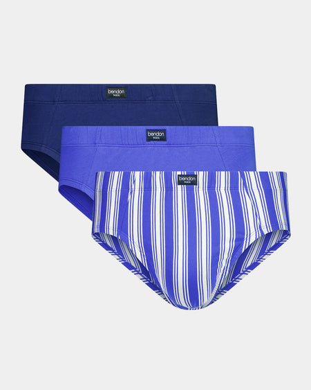Cotton Stretch Mens Brief 3 Pack in STRIPE/DAZZ/MED BLUE. Flat lay front view