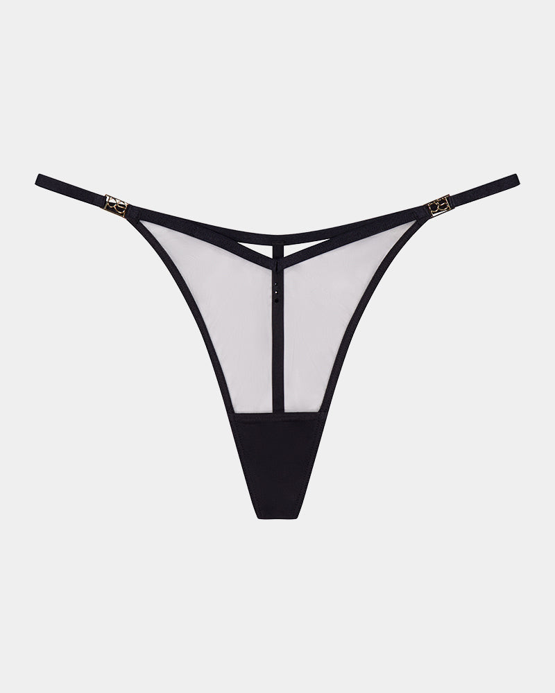 Sheer Impact Thong in BLACK. Flat lay front view