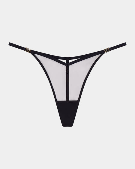 Sheer Impact Thong in BLACK. Flat lay front view