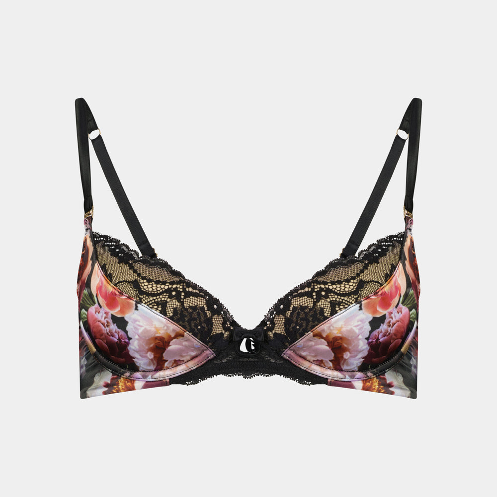 Flora Serenity Contour Bra in SERENITY PRINT/BLACK. Flat lay front view