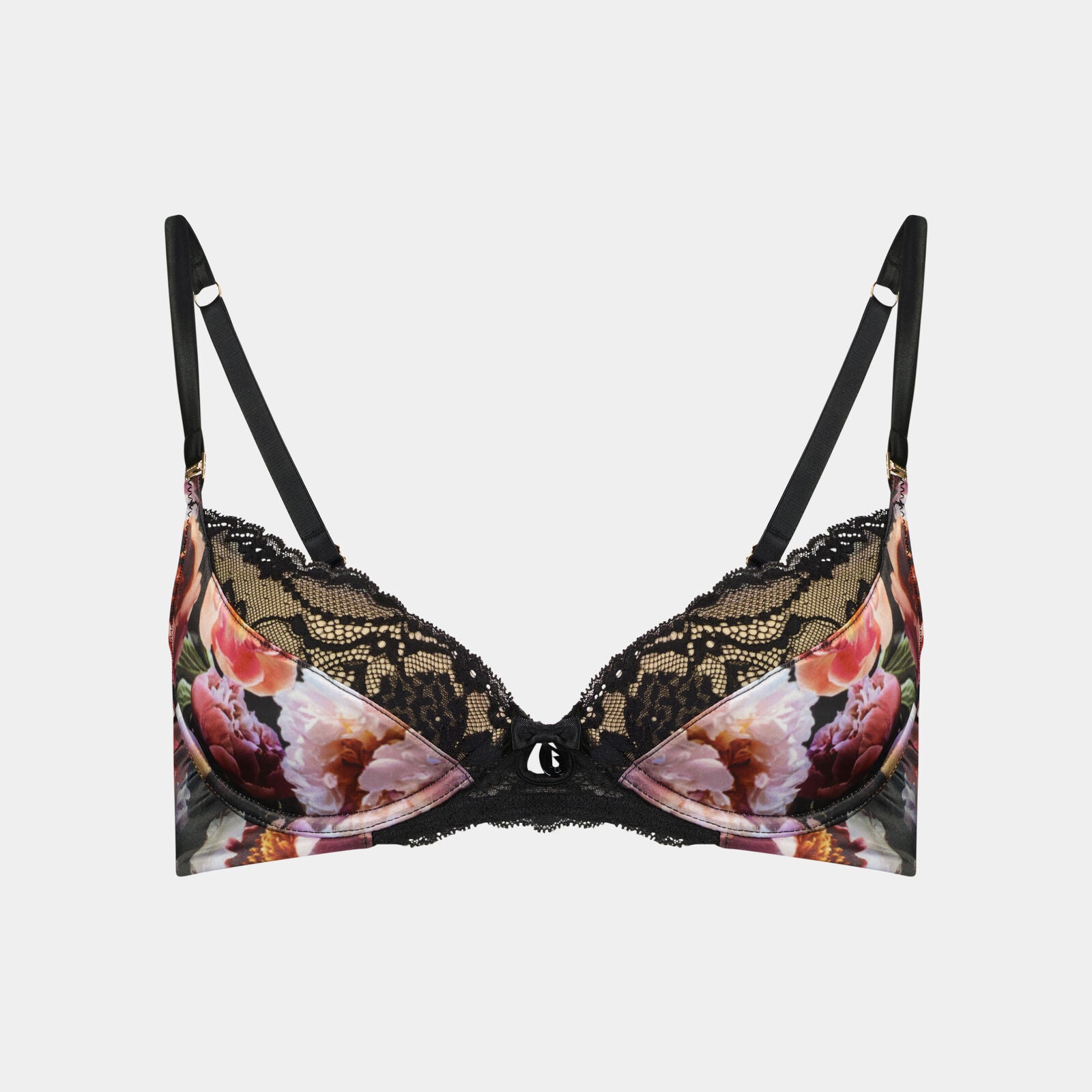Flora Serenity Contour Bra in SERENITY PRINT/BLACK. Flat lay front view