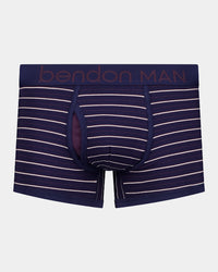 Bold Stripe Mens Trunk in PEACOAT/PLUM STRIPE. Flat lay front view