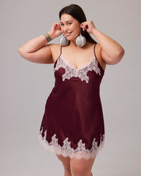 Sweet Indulgence Chemise in FIG/PALE LILAC. Feature shot