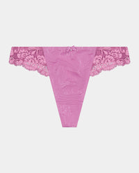 Body Lace Thong in MULBERRY. Flat lay front view