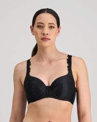 Model wears Damask Contour Bra in BLACK. On body front view