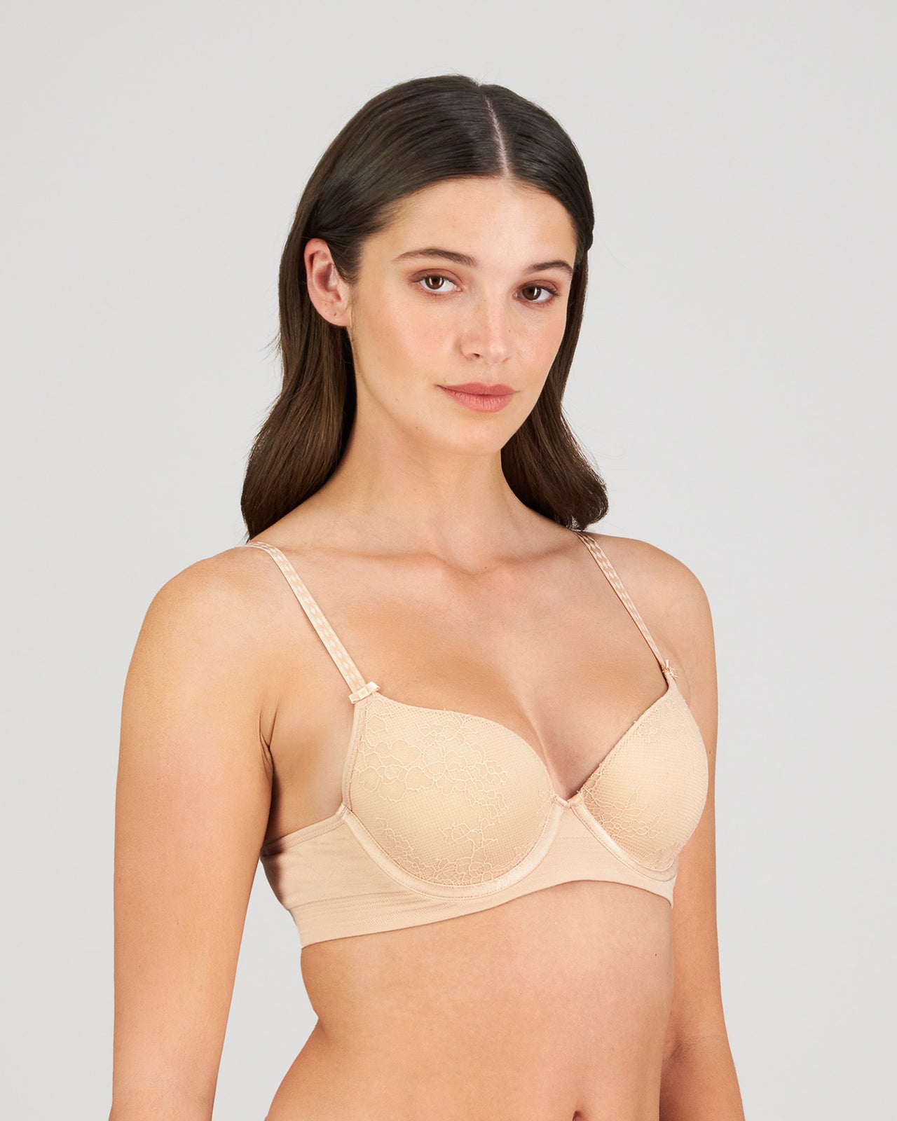 Model wears Bendon Body Lace Contour Bra in LATTE. On body side view