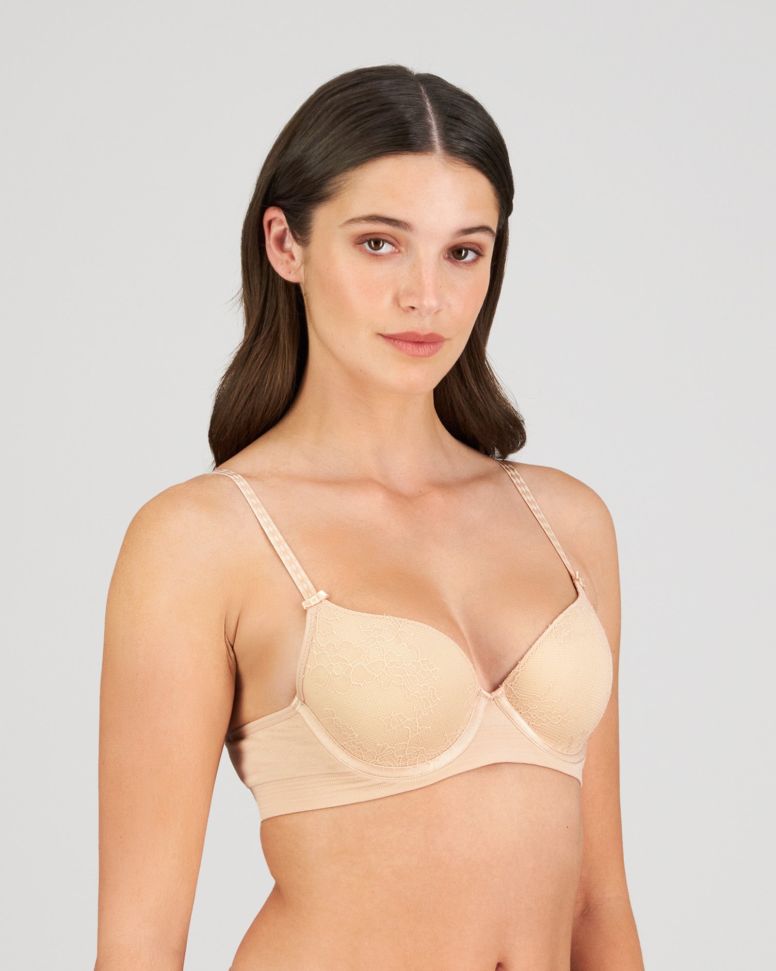 Model wears Bendon Body Lace Contour Bra in LATTE. On body side view