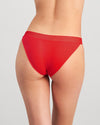 Model wears Stripe Elastic & Papertouch Tanga in SALSA. On body back view