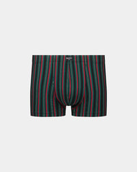 Cotton Stretch Mens Trunk in BLACK/TIBETAN RED STRIPE. Flat lay front view