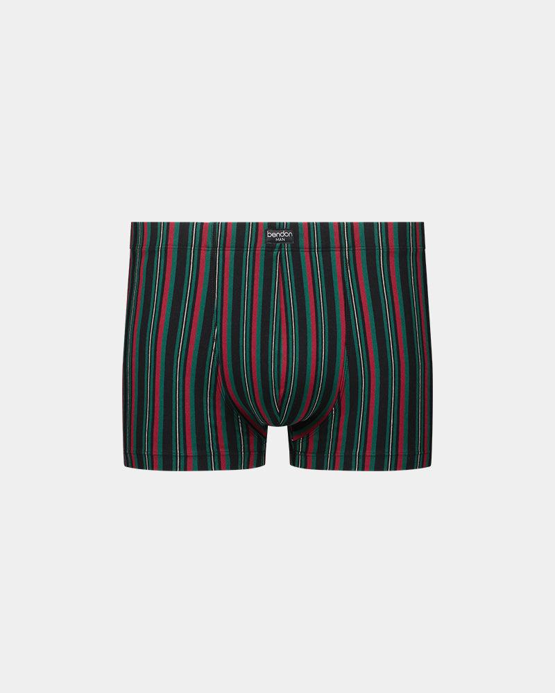 Cotton Stretch Mens Trunk in BLACK/TIBETAN RED STRIPE. Flat lay front view