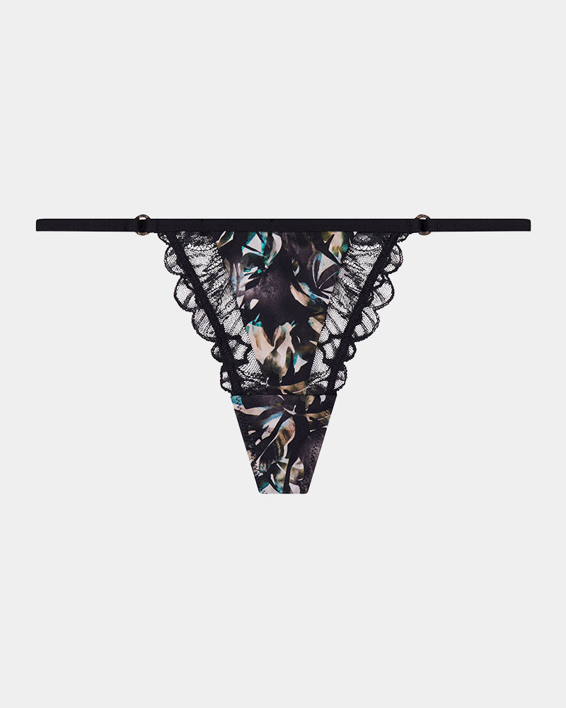 Lost Paradise Thong in BLACK PRINT. Flat lay front view