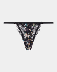 Lost Paradise Thong in BLACK PRINT. Flat lay front view