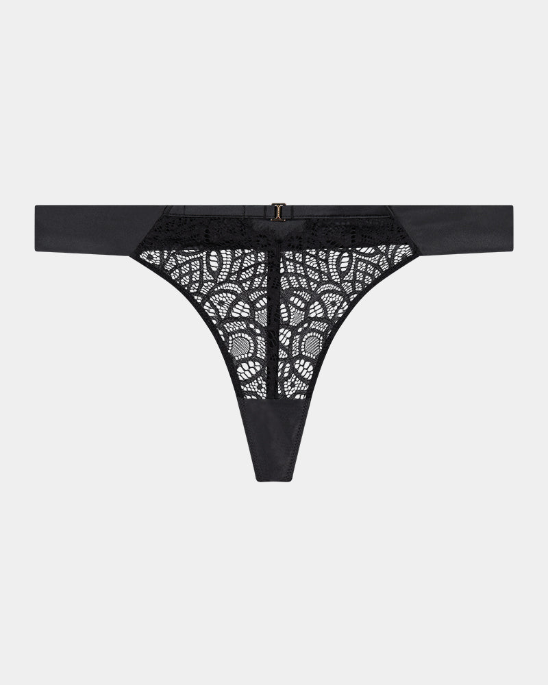 Grand Finale Thong in BLACK. Flat lay front view