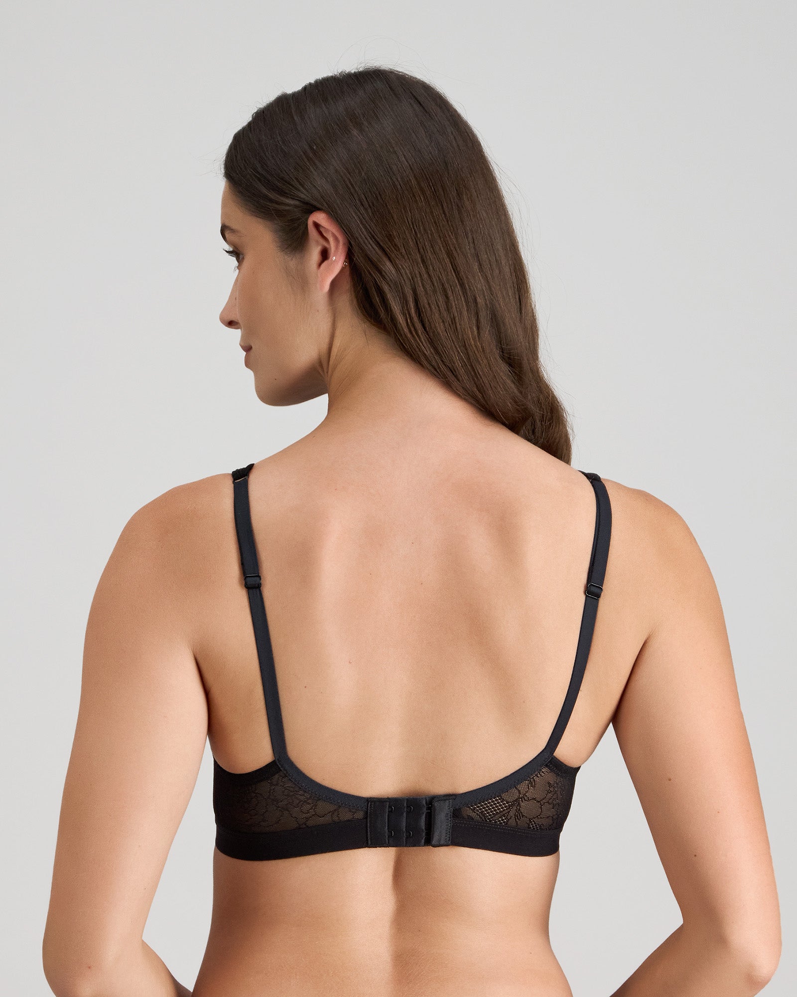 Model wears Bendon Whisper Contour Bra in BLACK. On body back view