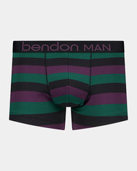 Rugby Stripe Mens Trunk in BLACK/PLUM/RAIN FOREST. Flat lay front view