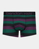 Rugby Stripe Mens Trunk in BLACK/PLUM/RAIN FOREST. Flat lay front view