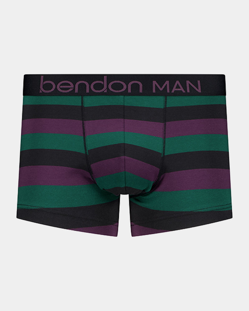 Rugby Stripe Mens Trunk in BLACK/PLUM/RAIN FOREST. Flat lay front view