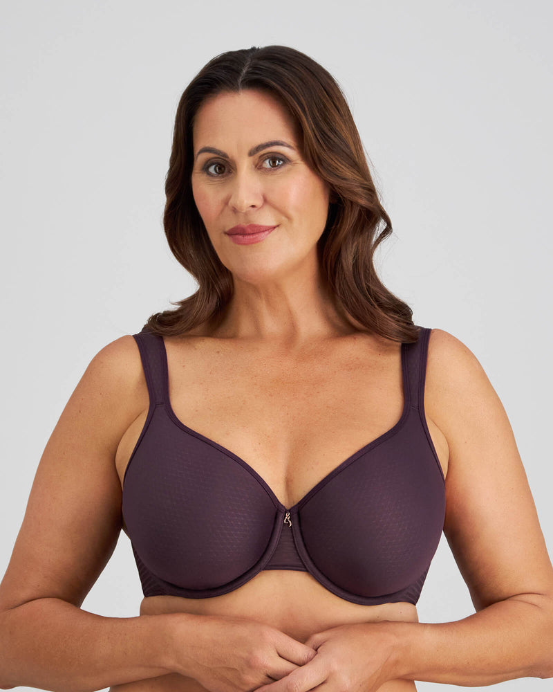 Model wears Perfect Lines Contour Bra in PLUM PERFECT. On body front view